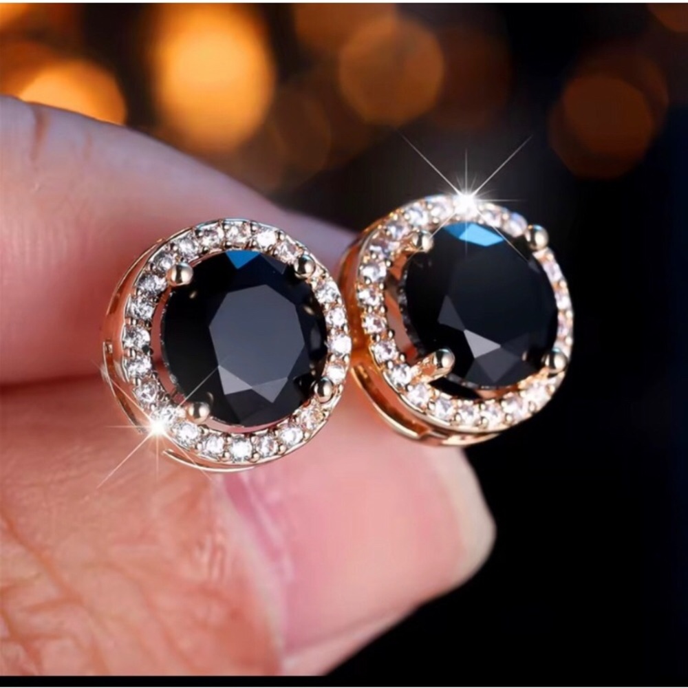 New Sterling Black Sapphire Diamond Halo Stud Silver  Earrings
